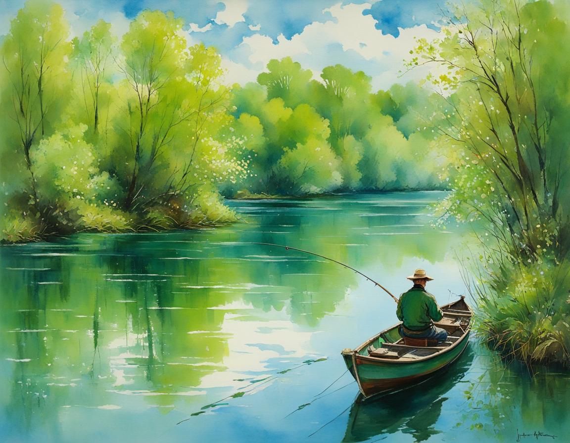 Fisherman in Boat: Gouache and Watercolor Sketch