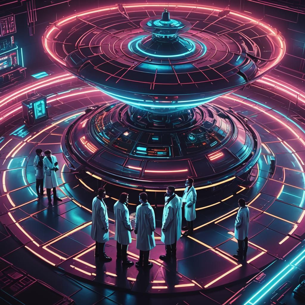 Scientists Study Flying Saucer in Synthwave Neon Lab