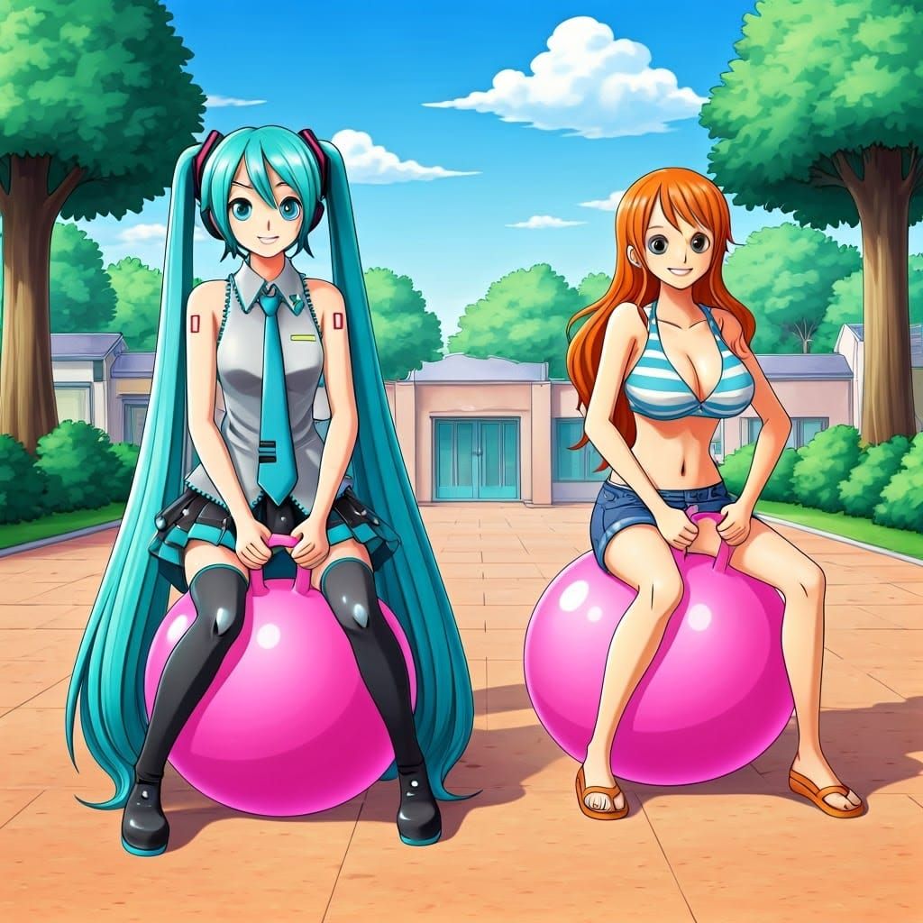 Hatsune Miku and Nami Bouncing on Hopper Balls