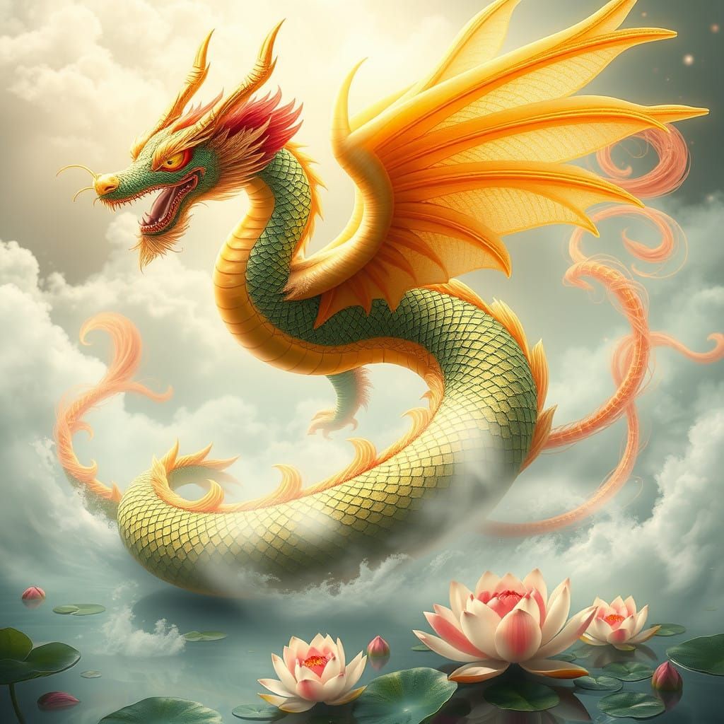 Ethereal Dragon-Phoenix Hybrid in Jade and Gold