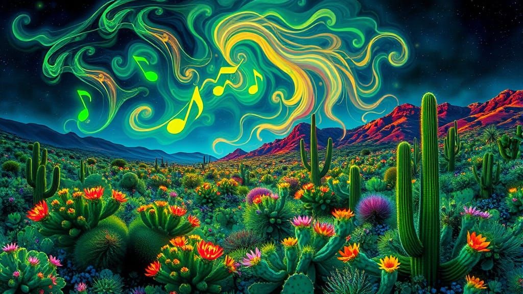 Bioluminescent Cactus Countryside at Night in Alcohol Ink St...