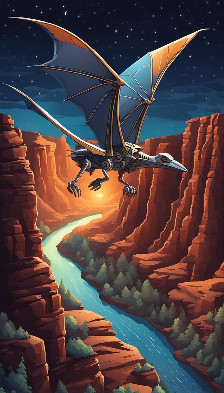 Mechanical Pterodactyl Flying Over Canyon at Night