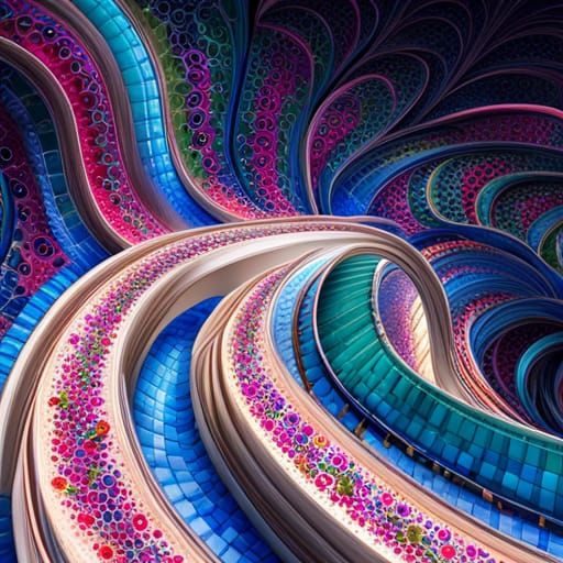 Spiraling Royal Blue Mosaic with Pink Floral Accents