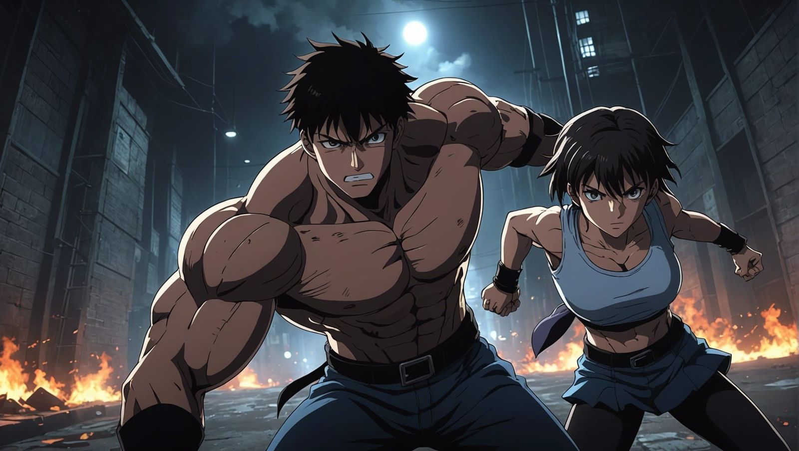 Anime Boy Protecting Girl in Dark Battle