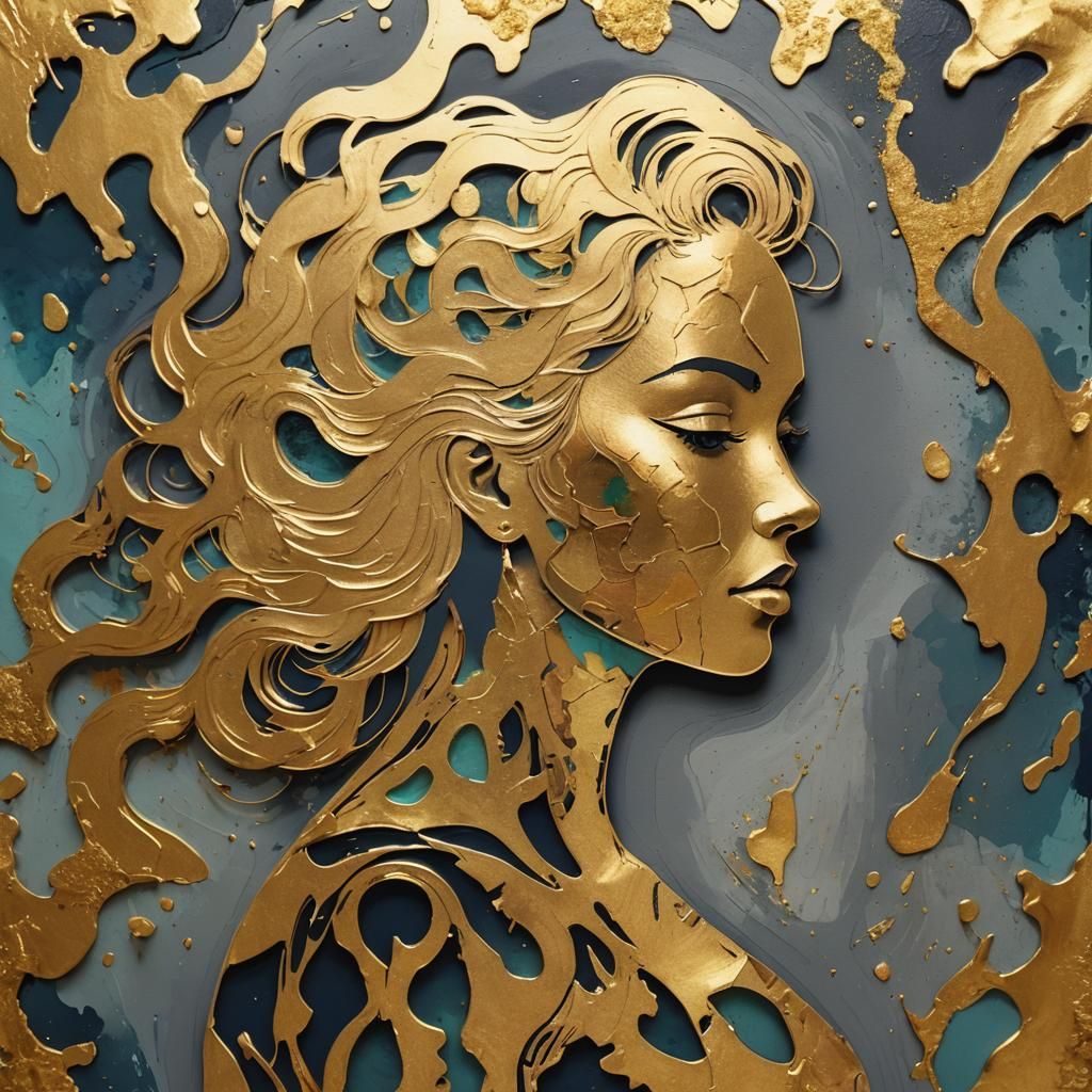 Abstract Vibrant Woman Silhouette with Gold Foil Accents