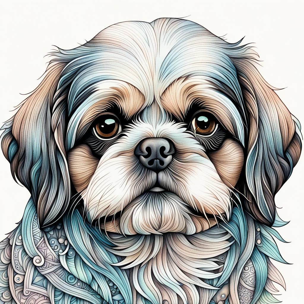 Dreamy Shih Tzu with Zentangle Fur, Hand-Drawn