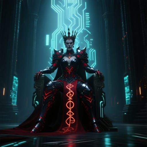 Cyberpunk Queen on Throne, Contemplating Rebellion