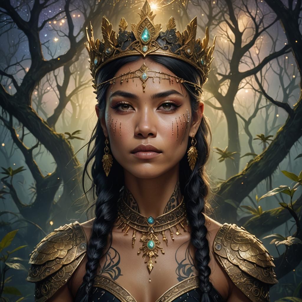 Native Warrior Princess in Magical Swamp: Digital Art