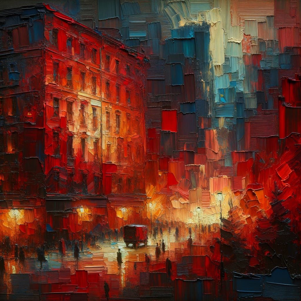 Textured Red Wall With Urban Backdrop in Expressionist Style