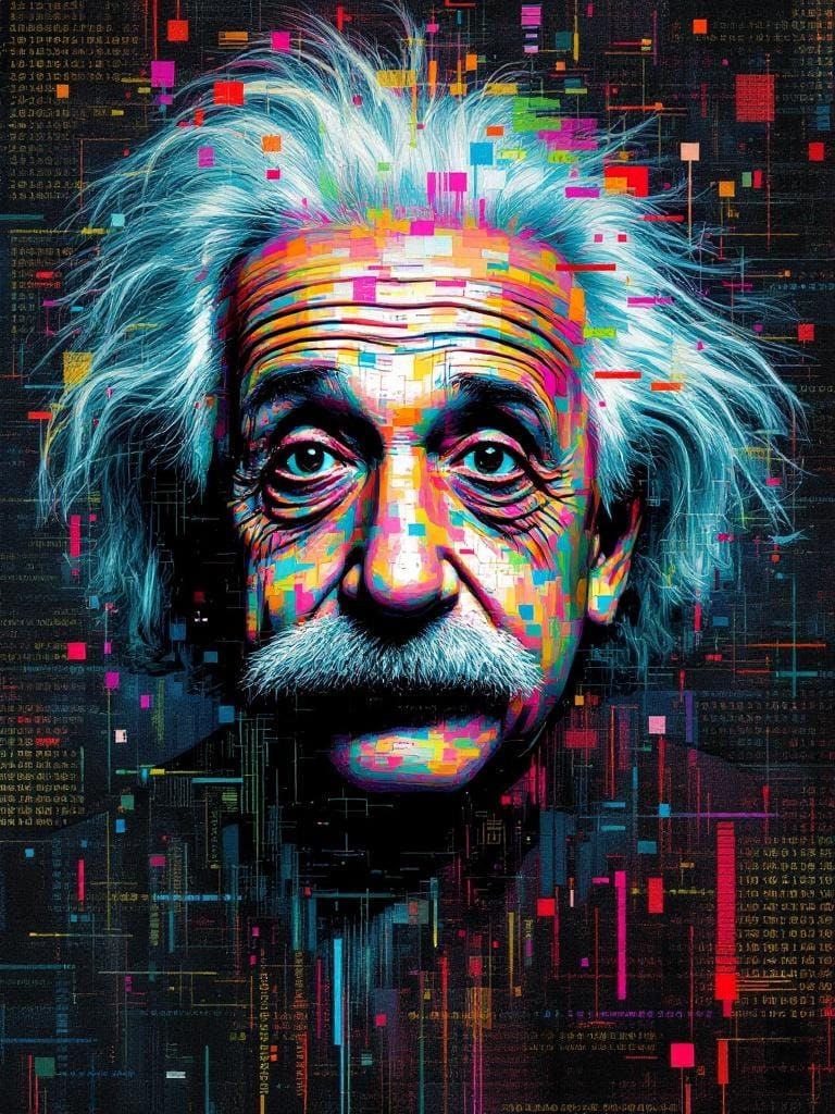Fractured Einstein Portrait in Glitch Art Style