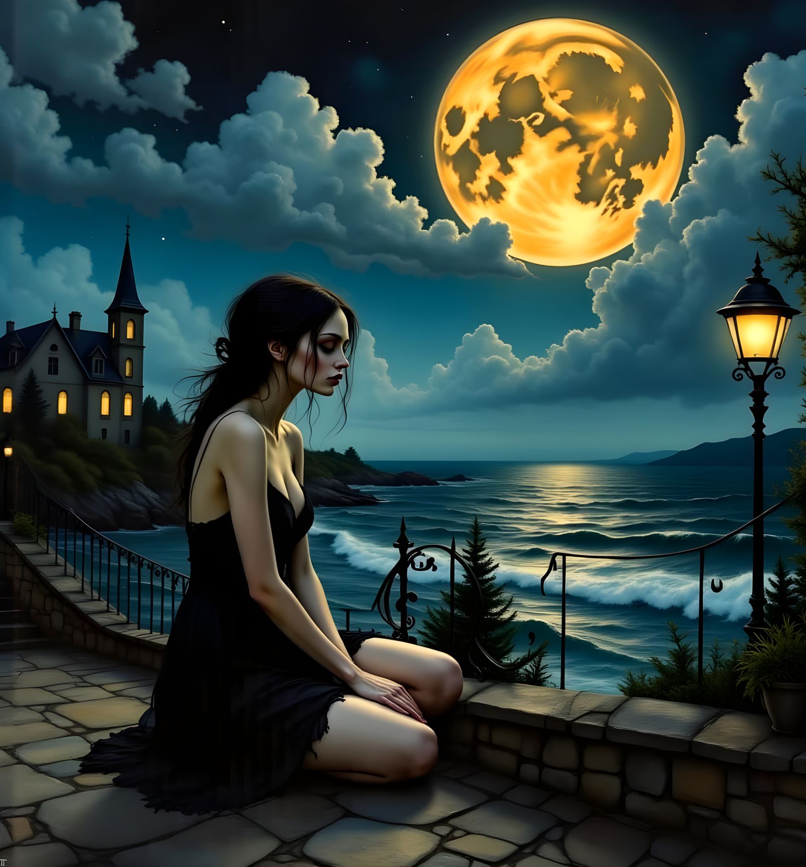 A sad woman overlooking the quiet ocean