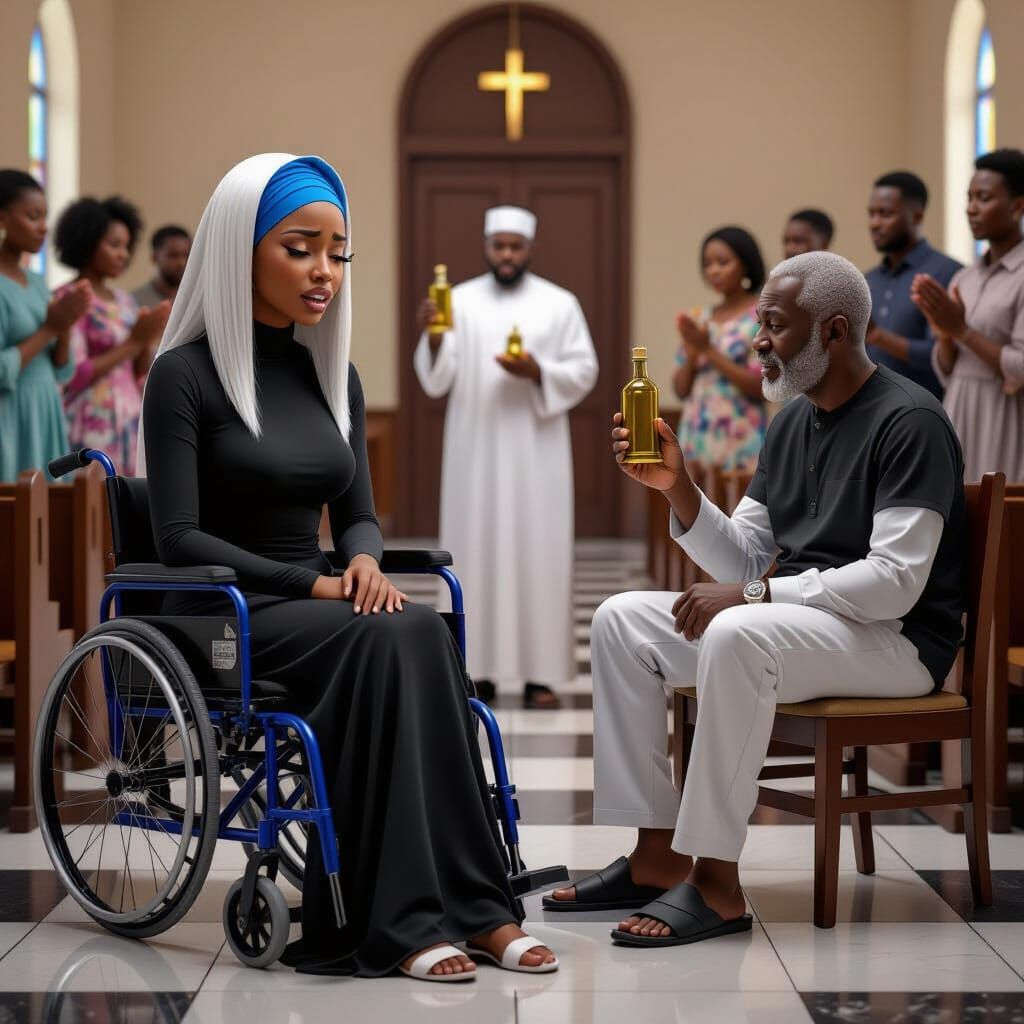 Dramatic Scene of African Woman in Church, Animated Style