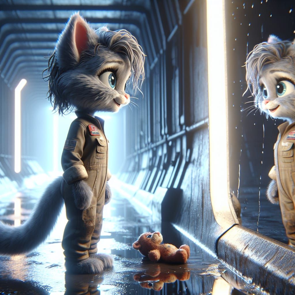 Elderly Cat Sees Reflection in Spaceship