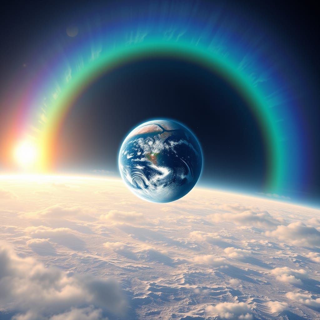 Majestic Earth Haloed by Rainbow on Lunar Horizon