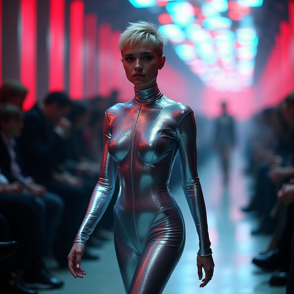 Futuristic Woman on Neon Runway, Splash Art Style