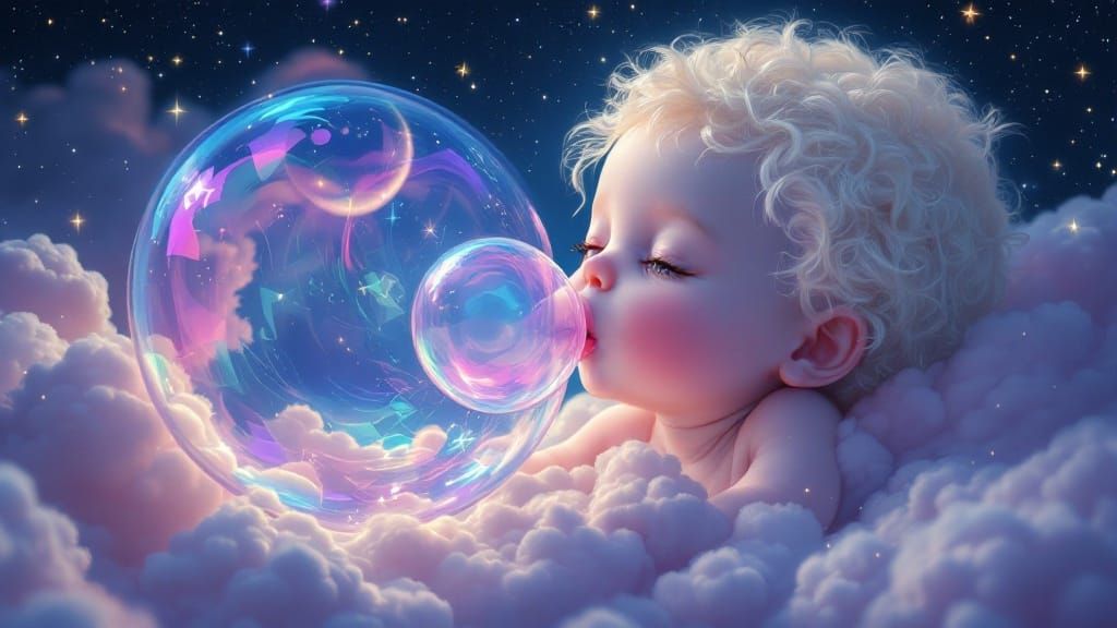 Surreal Cherubic Baby Blows Iridescent Bubble in Starry Nigh...