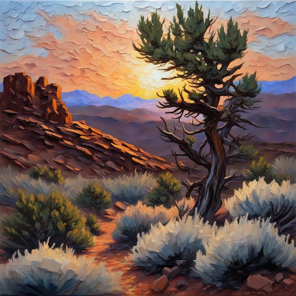 Juniper Forest, Sagebrush, High Desert Chaparral, Sunset,  impasto 3d oil paint texture, by  Will Moses