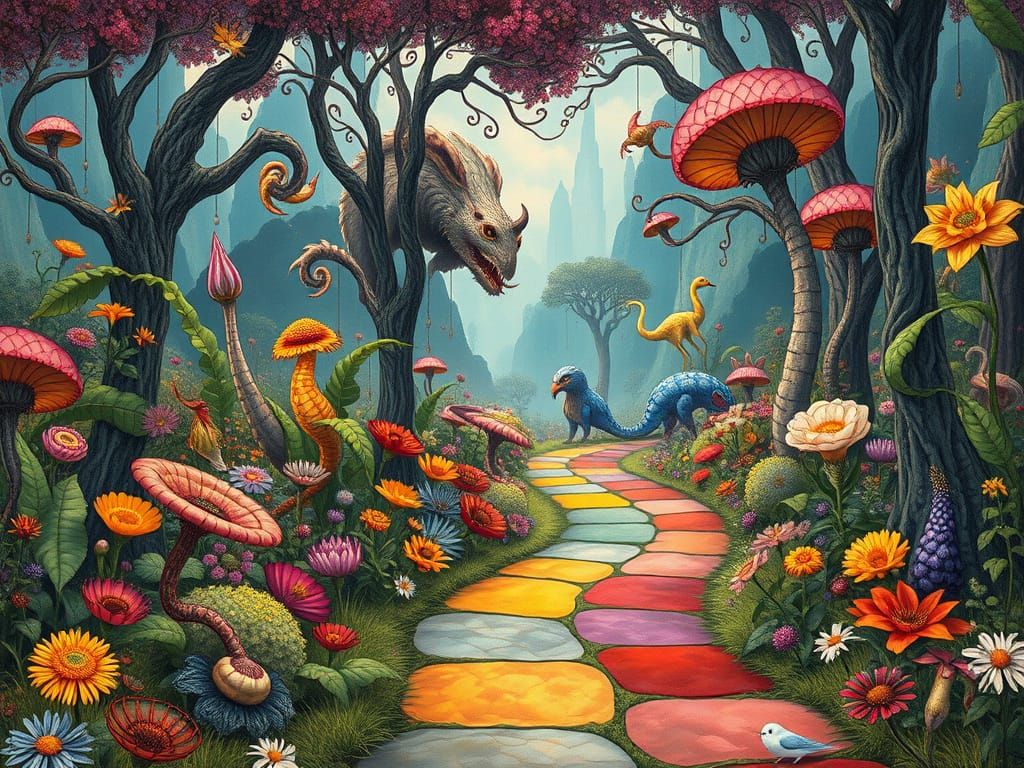 Fantastical Creatures in Vibrant Art Nouveau Gothic Landscap...