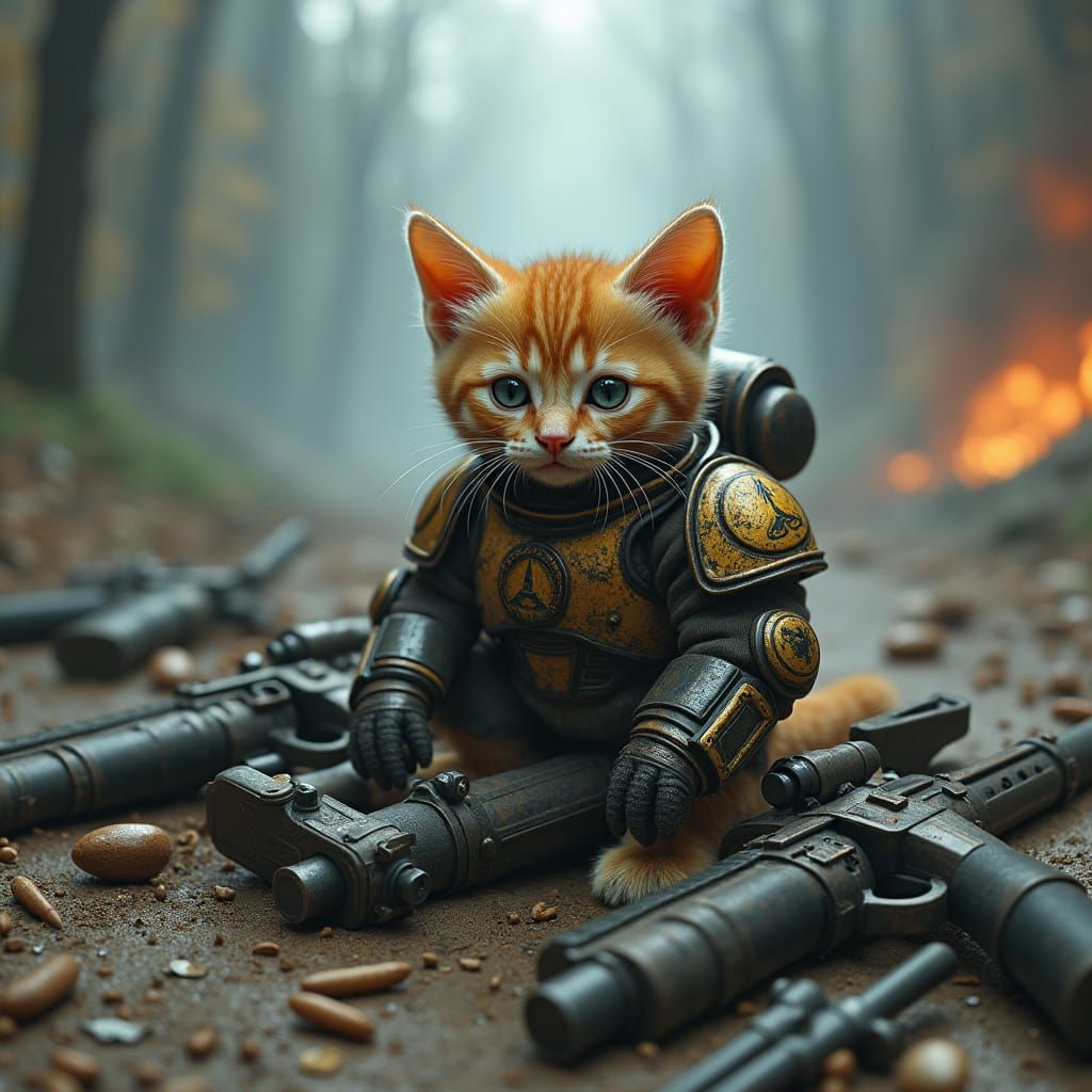 Kitten in Power Armor: Grimdark Dark Fantasy Art