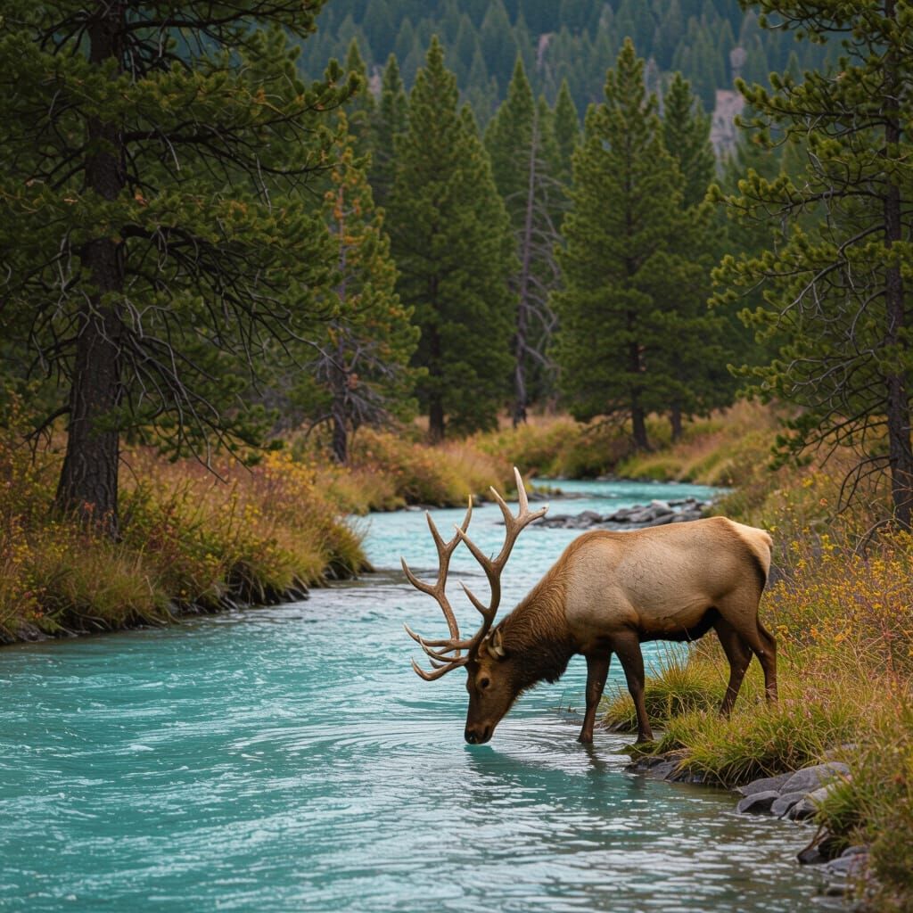 Majestic Elk Drinks From Turquoise River in Woodland