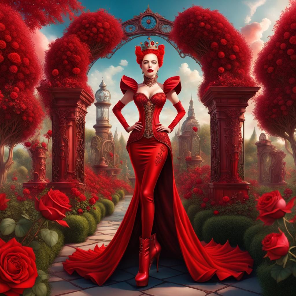 Red Queen in Steampunk Rose Garden: Fantasy Portrait