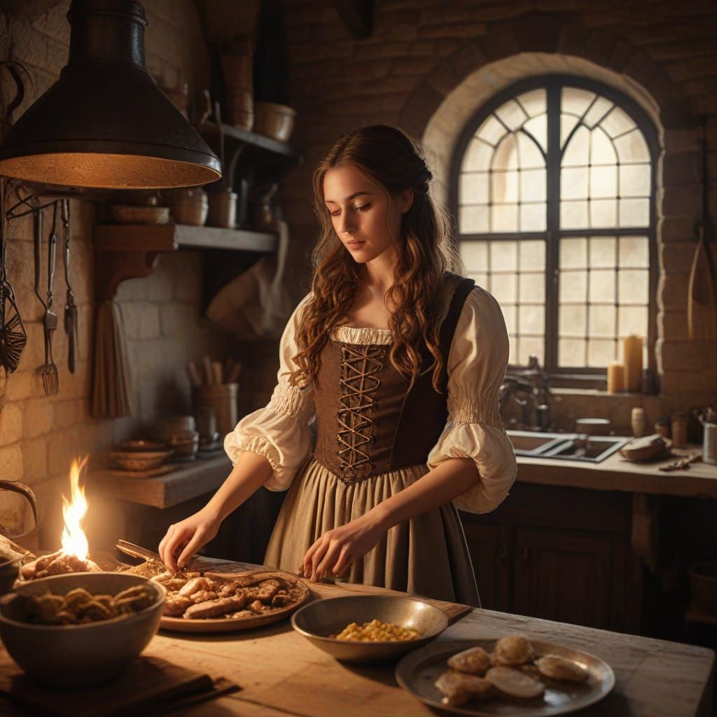 Medieval Woman Preparing Dinner in Cozy Kitchen