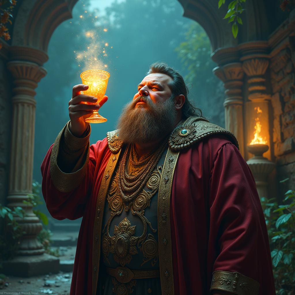Regal Man Drinks Iridescent Gas in Fantasy Setting