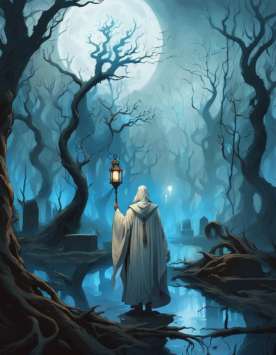 Mysterious Figure in Sunken Cemetery: Dark Fantasy Art