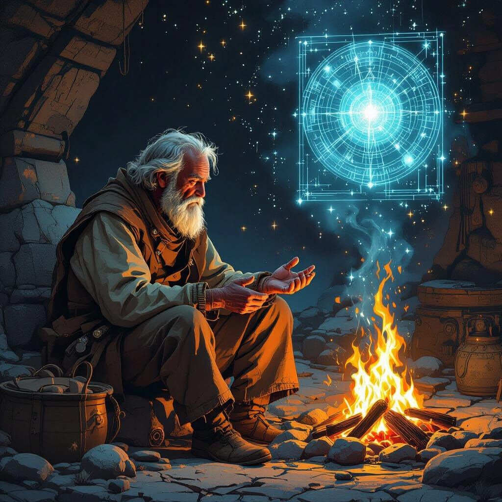 Wise Storyteller by Fire with Ancient Artifacts
