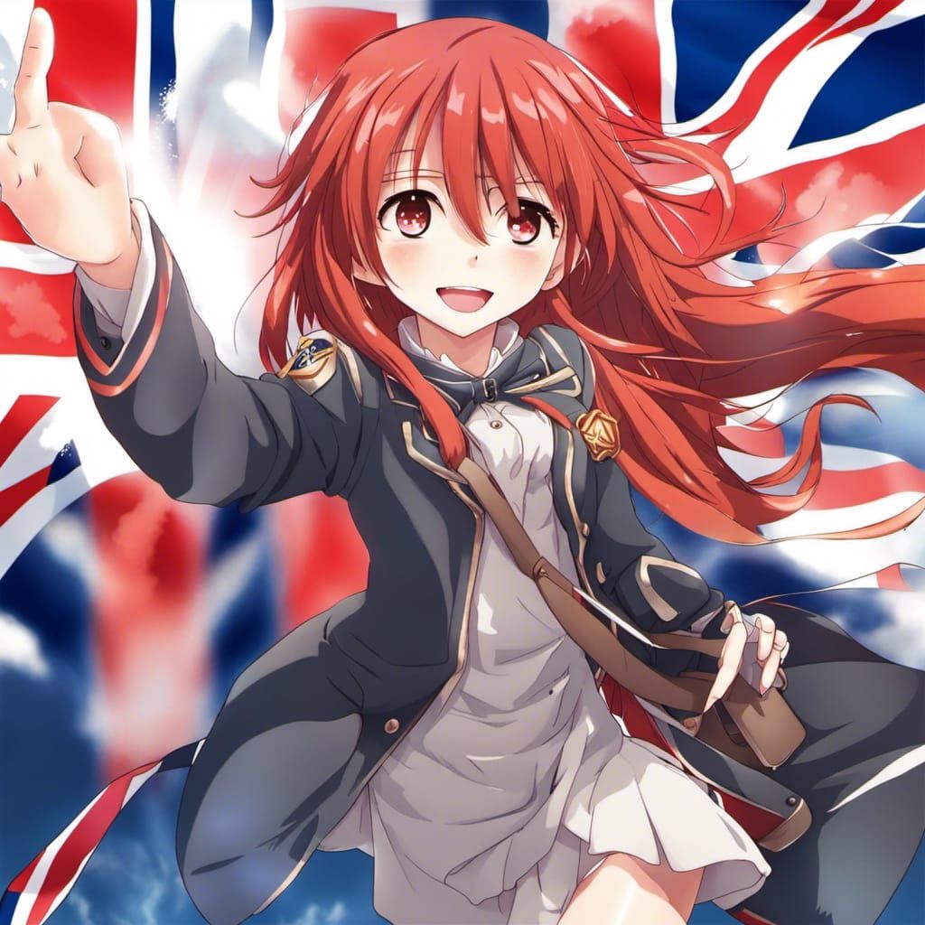Red-Haired Girl Waving British Flag in Anime Style