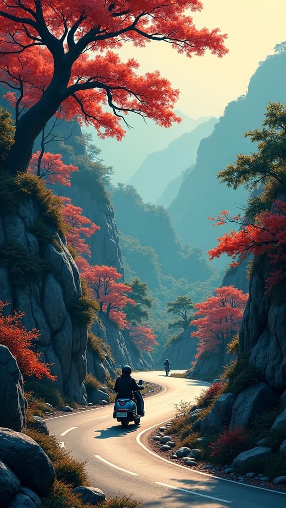 Retro Scooter on Curvy Mountain Road: Japanese Tattoo Art