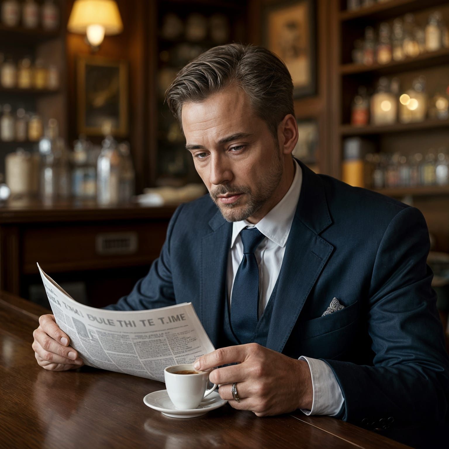 Corporate Executive Sips Espresso in a Classic Bar Setting