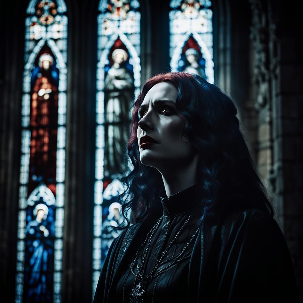 Lilith in Gothic Cathedral: a Cinematic Film Still