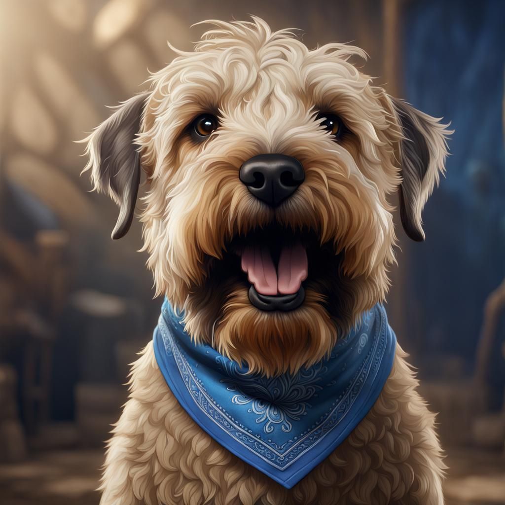 Happy Wheaten Terrier with Blue Bandana