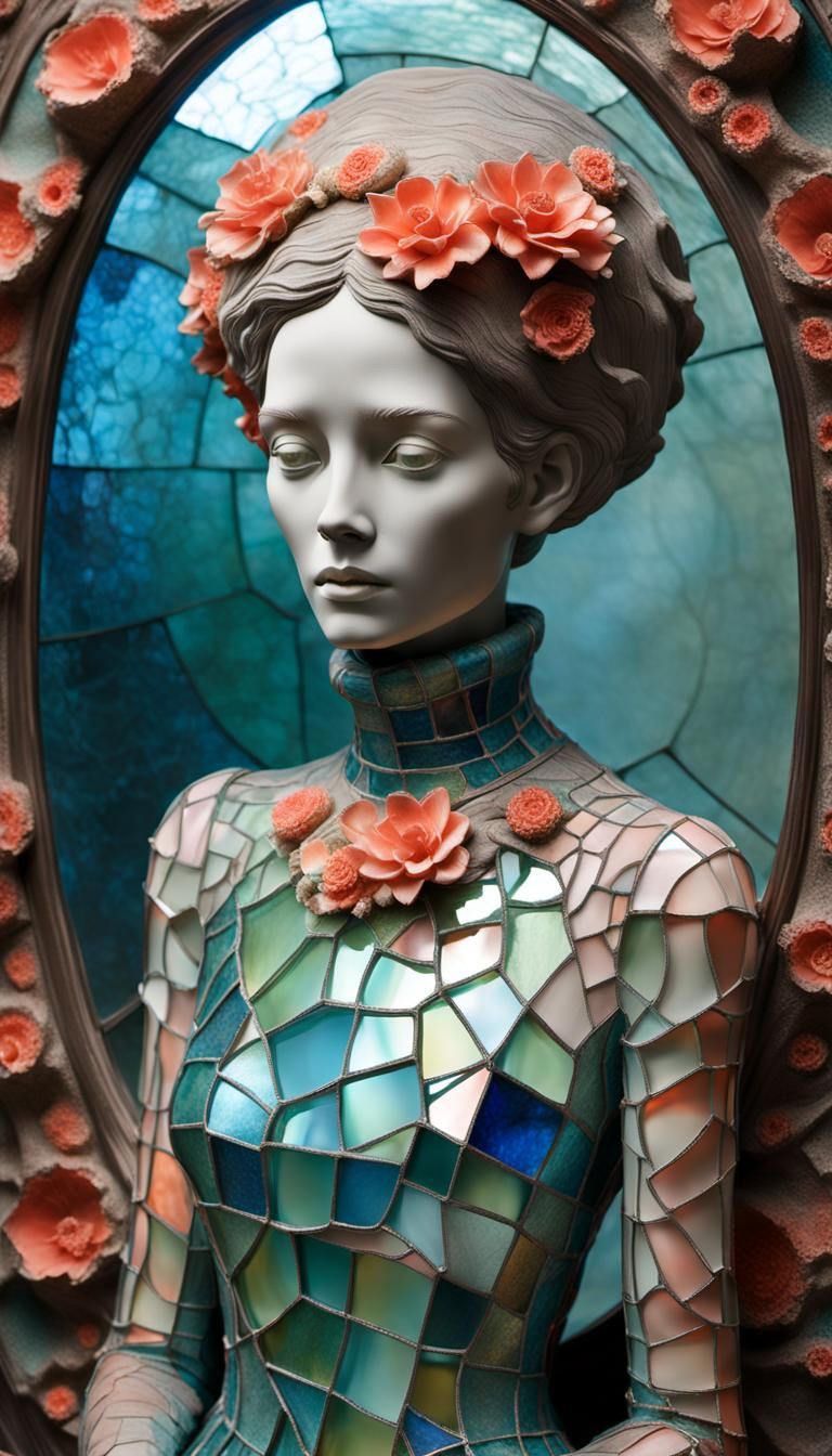 Coral Woman Sculpture with Stained Glass Detail
