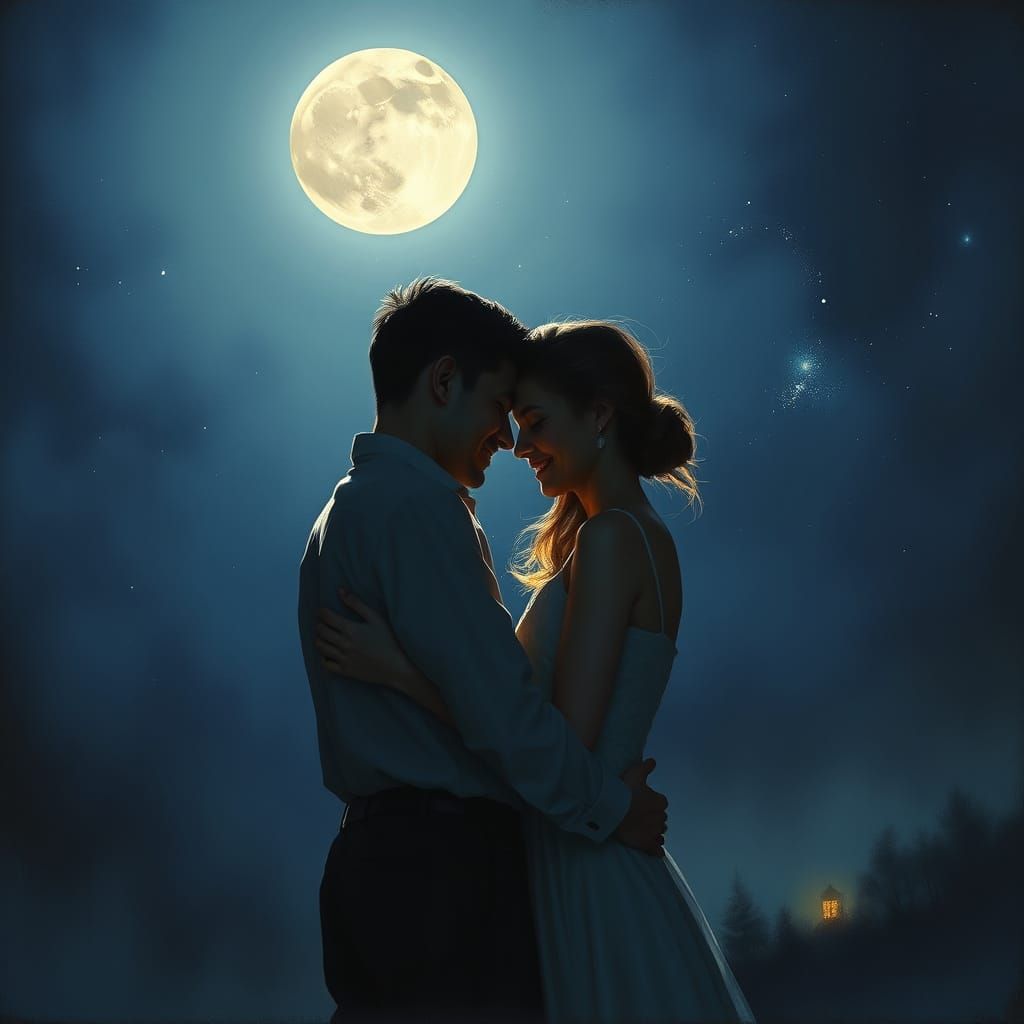 Couple Embraces Under Luminous Moonlight