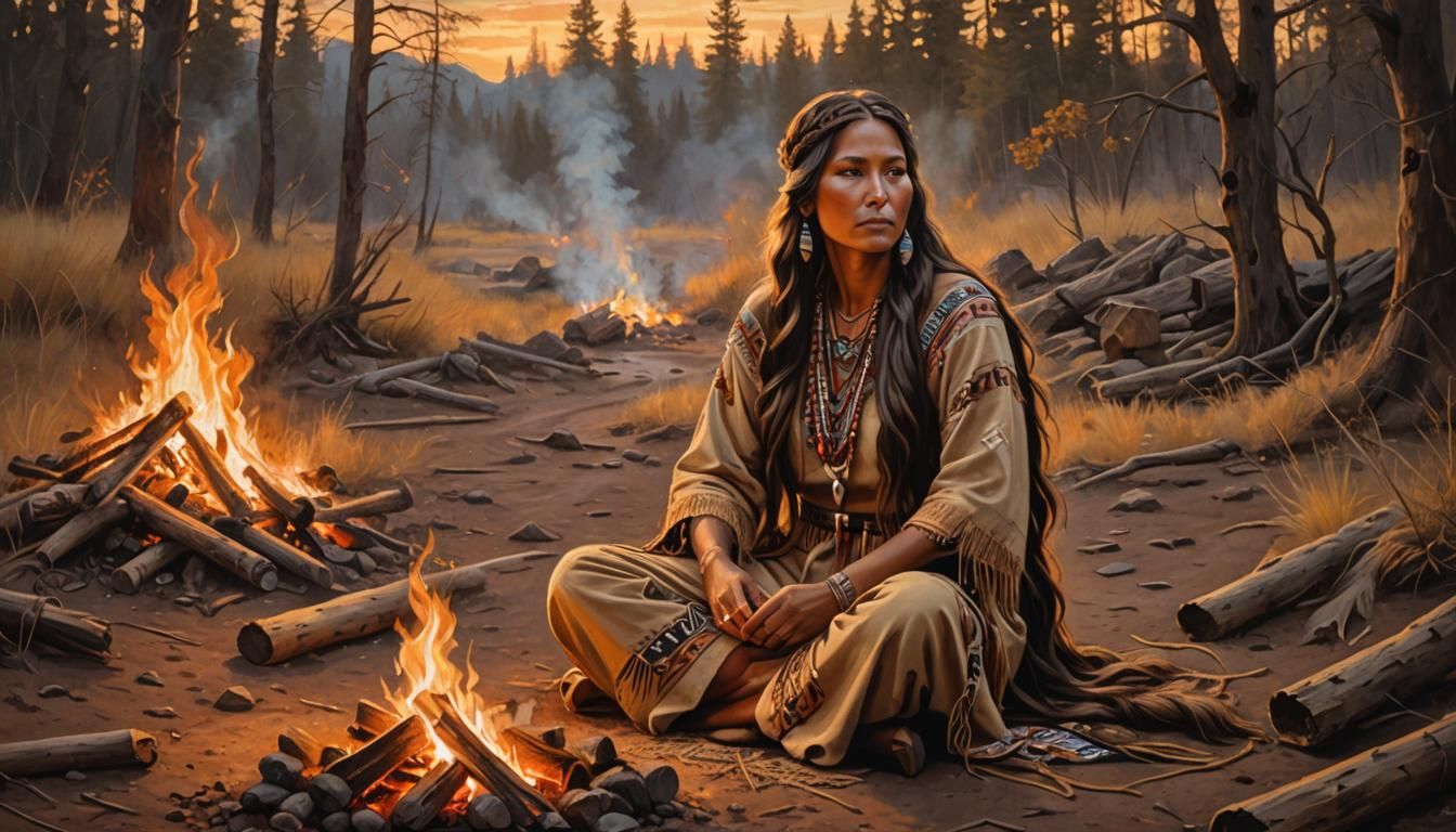 Native American Woman Around Campfire as Oil Painting