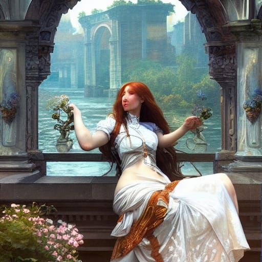 Romantic Renaissance Woman by River with Arches