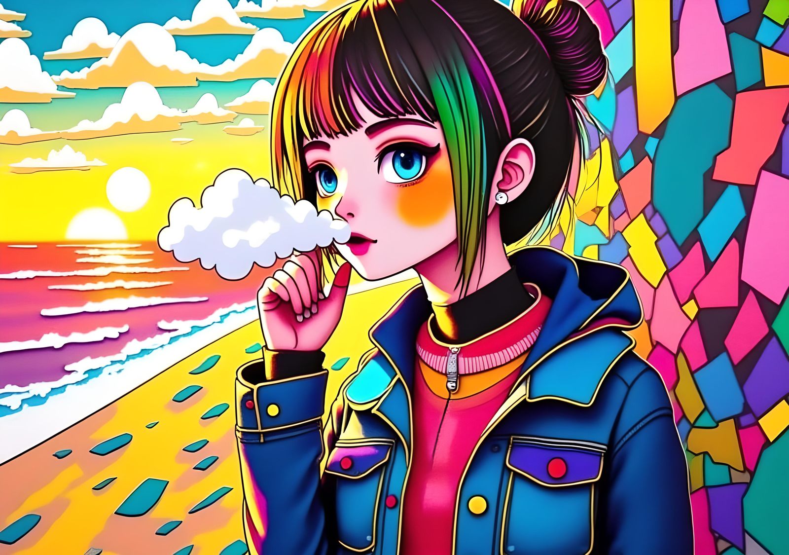 Girl Smoking at Sunset: Anime Graffiti Beach