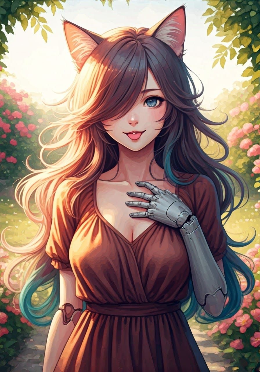 Catgirl in Garden: Impressionist Watercolor Masterpiece