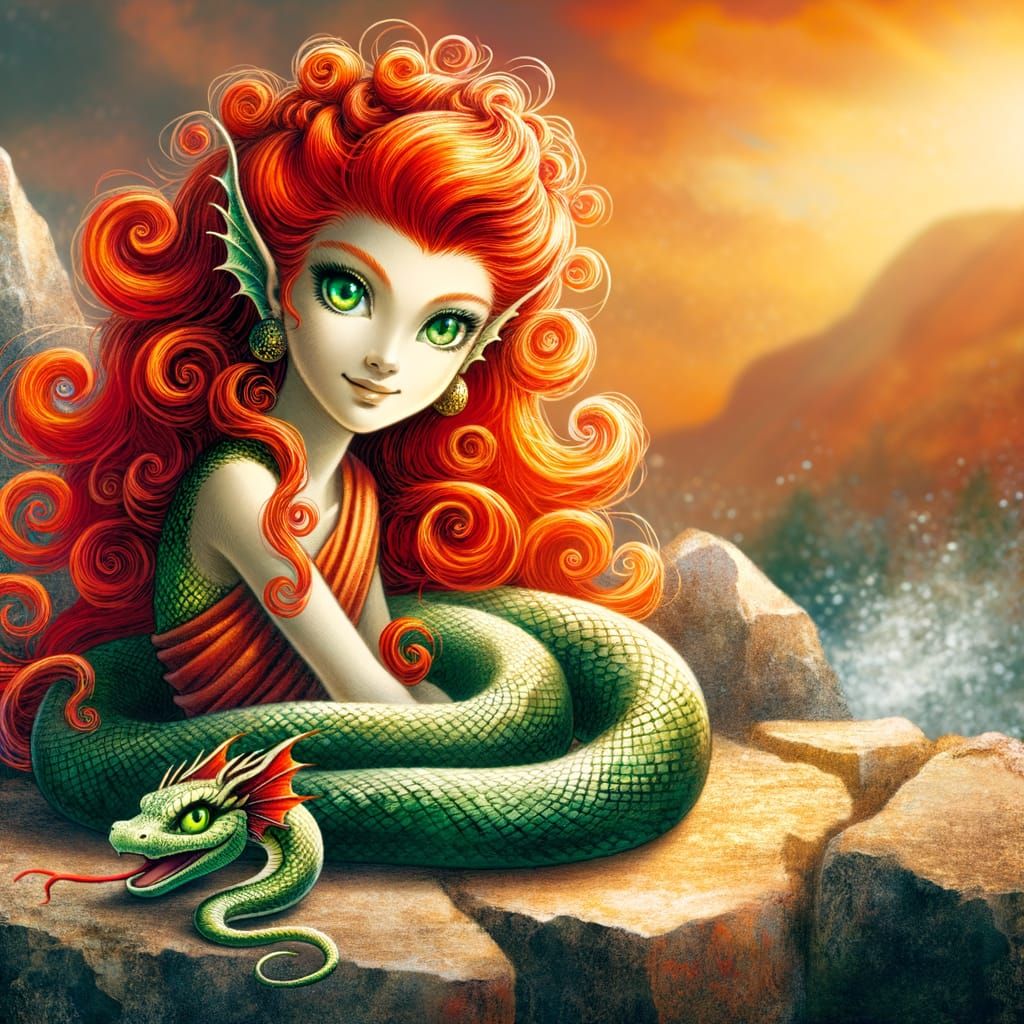 Red-Haired Lamia Resting on Sunlit Rock