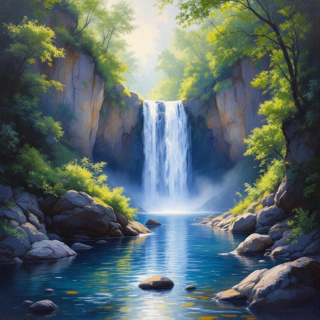 Lush Waterfall in Dreamy Impressionistic Style