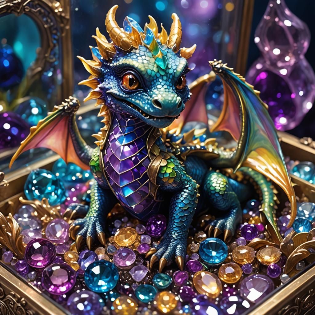 Baby Dragon with Jewels: Whimsical Oil Painting