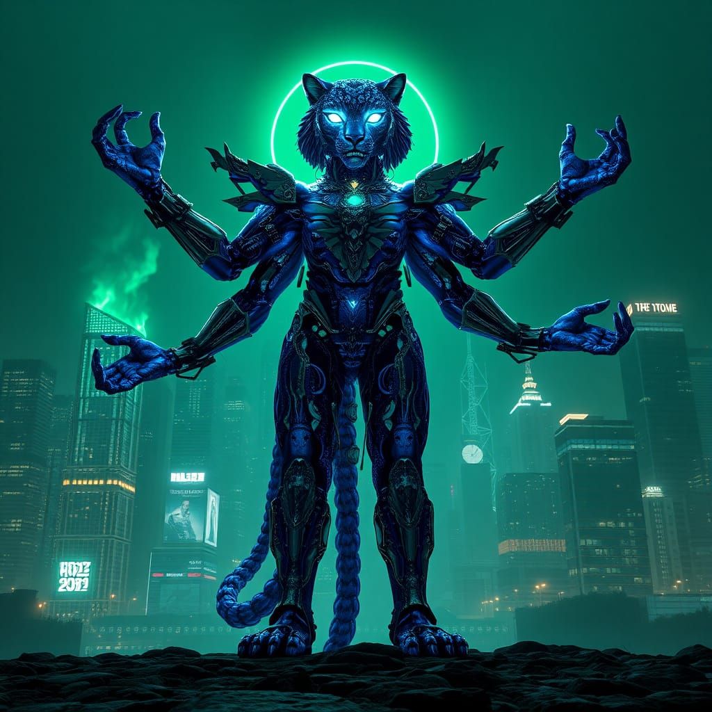 Blue Leopard Deity Oversees Green Cyberpunk Metropolis