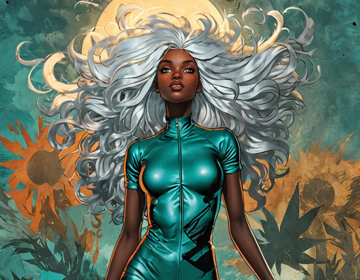 Comic Art Portrait of Black Girl with White Hair