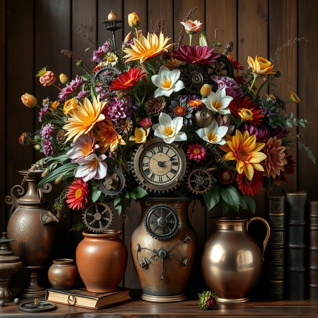 Steampunk Floral Still Life in Whimsical Industrial Style