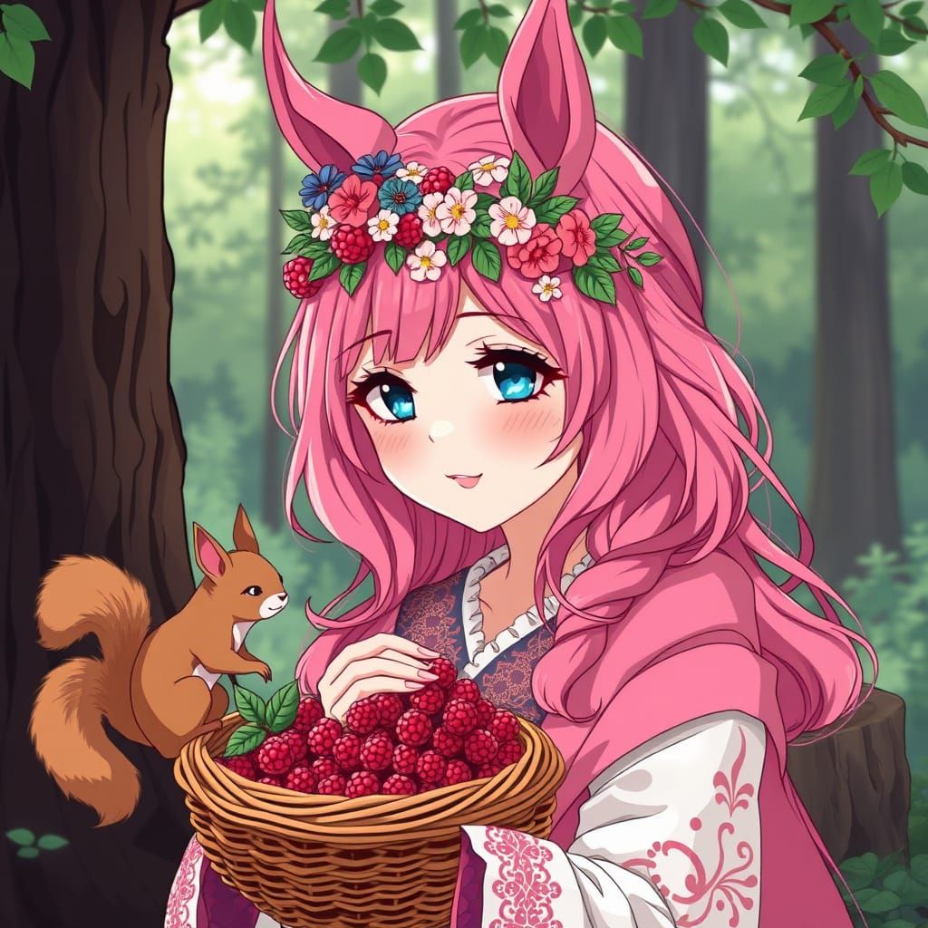 Mythical Anime Forest Spirit in Traditional Russian Folk Cos...