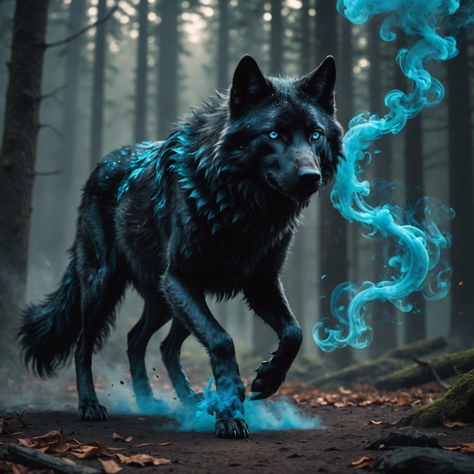 Mystical Black Wolf with Cyan Eyes