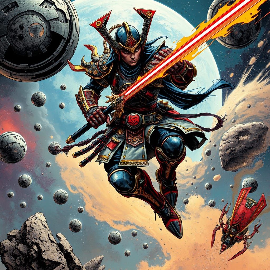 Surreal Samurai Warrior Leaps Through Cosmic Vortex in Neon ...