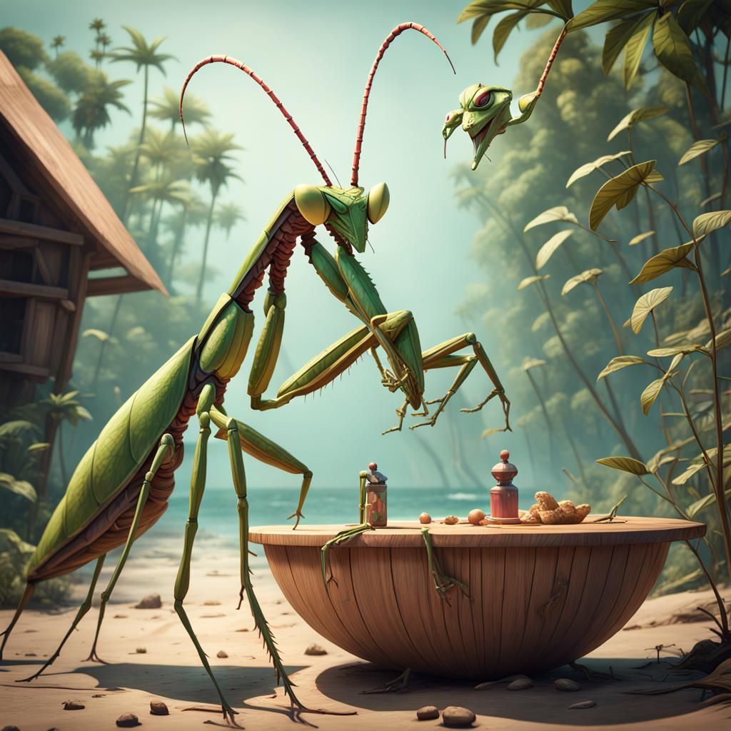 Giant Praying Mantis Eats Doll: Fantasy Art